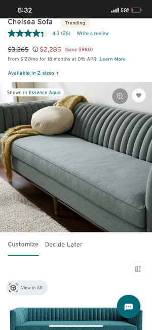 Joybird Chelsea Sofa w/Ottoman (Prime Peacock)