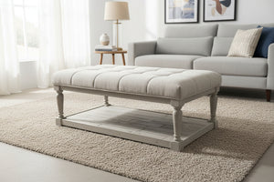 Tufted Light Gray Farmhouse Bench