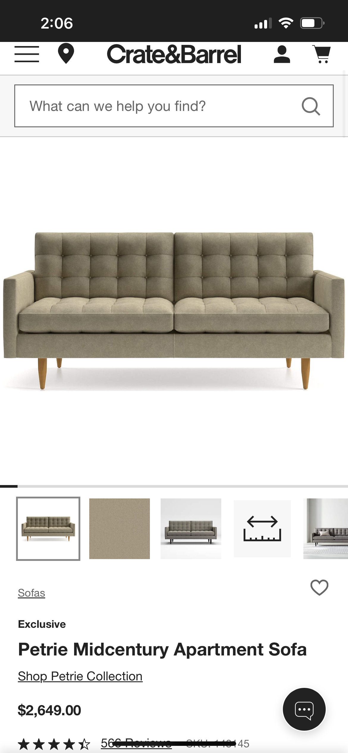 Crate & Barrel Sage Green 76” Petrie Sofa