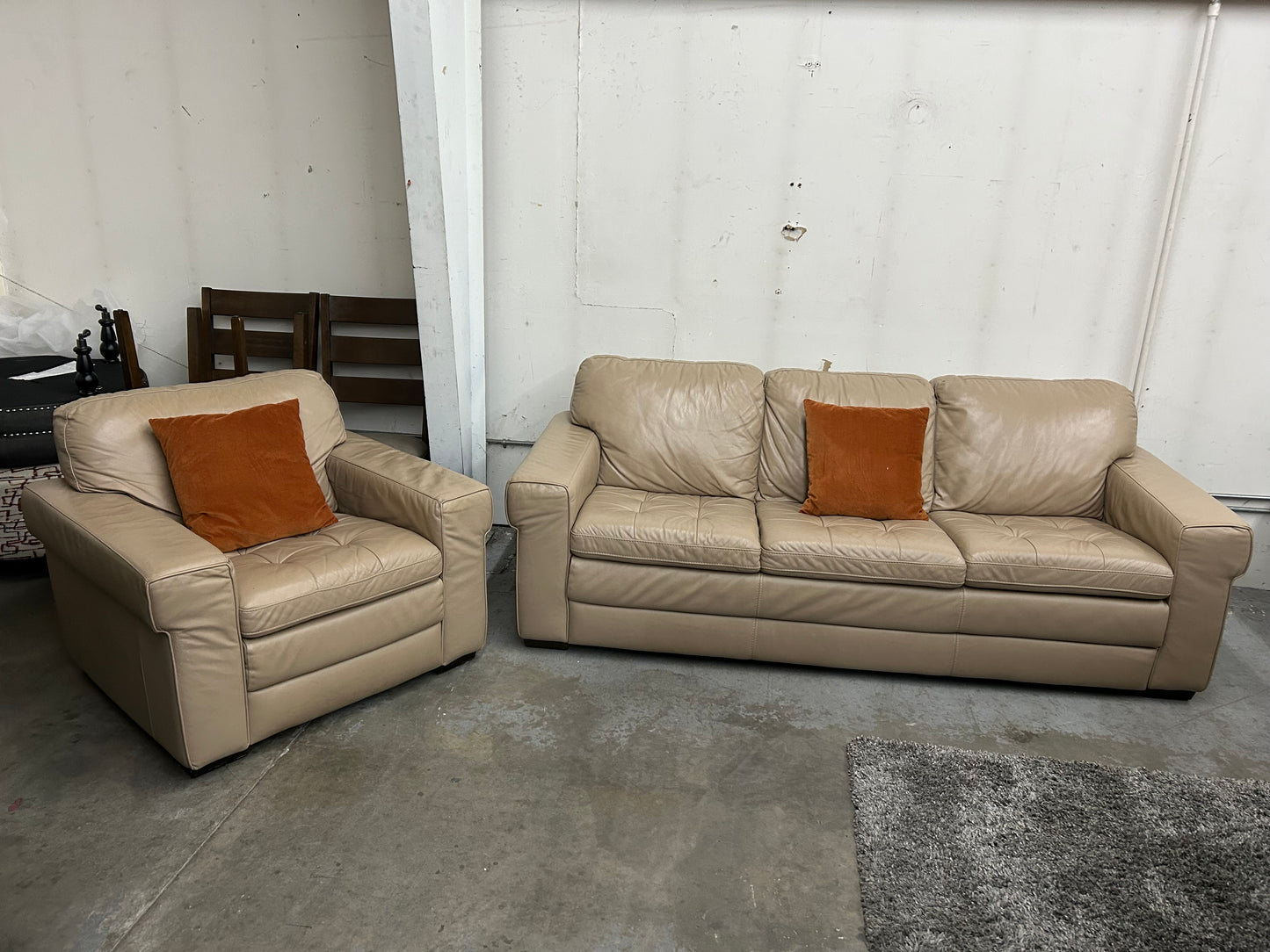 Beige Leather Pottery Barn Couch And Chair Set