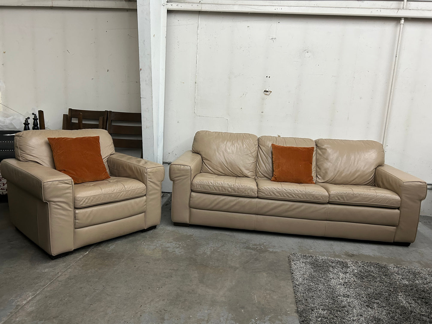 Beige Leather Pottery Barn Couch And Chair Set