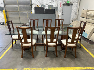 9-Pc Glass Dining Table & Maple Wood Chair Set