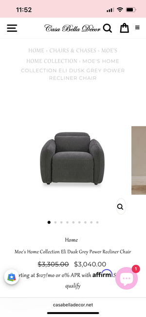 *Brand-New* Moe’s Home Eli Dusk Grey Power Recliner Chair