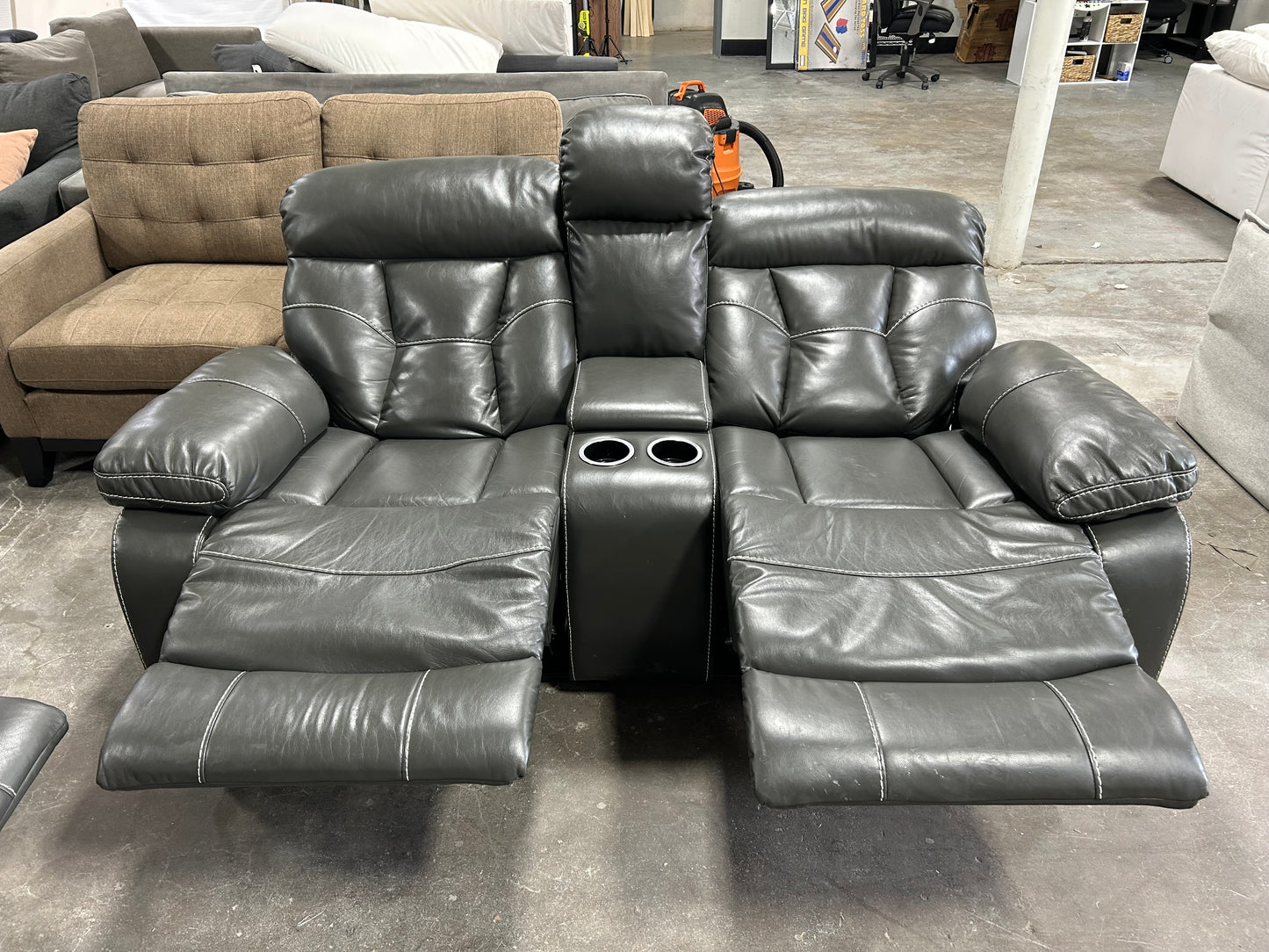 Contemporary Gray Leather Recliner Sofa & Loveseat Set