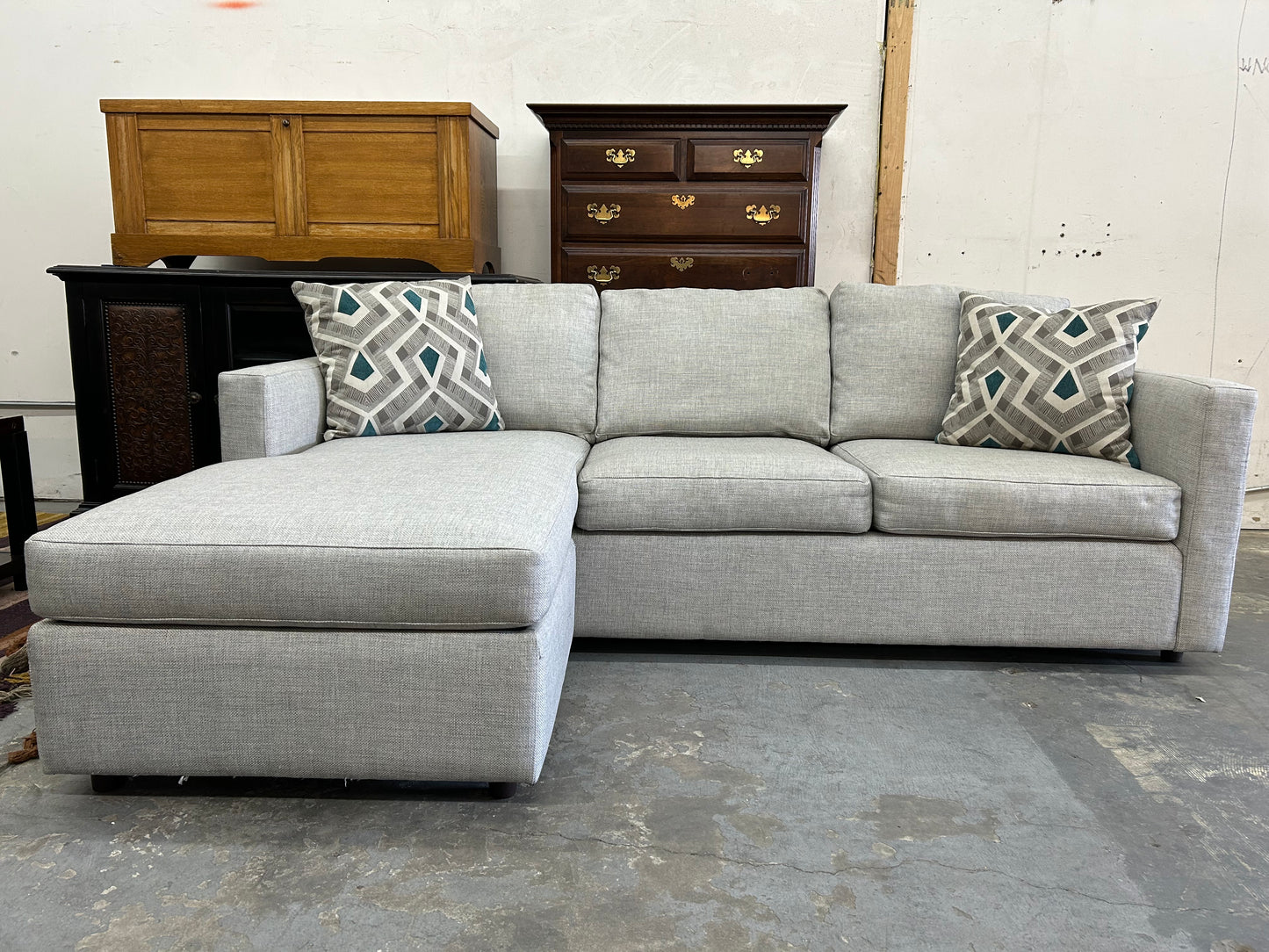 Gray Crate & Barrel Reversible Chaise Sectional And Storage Ottoman