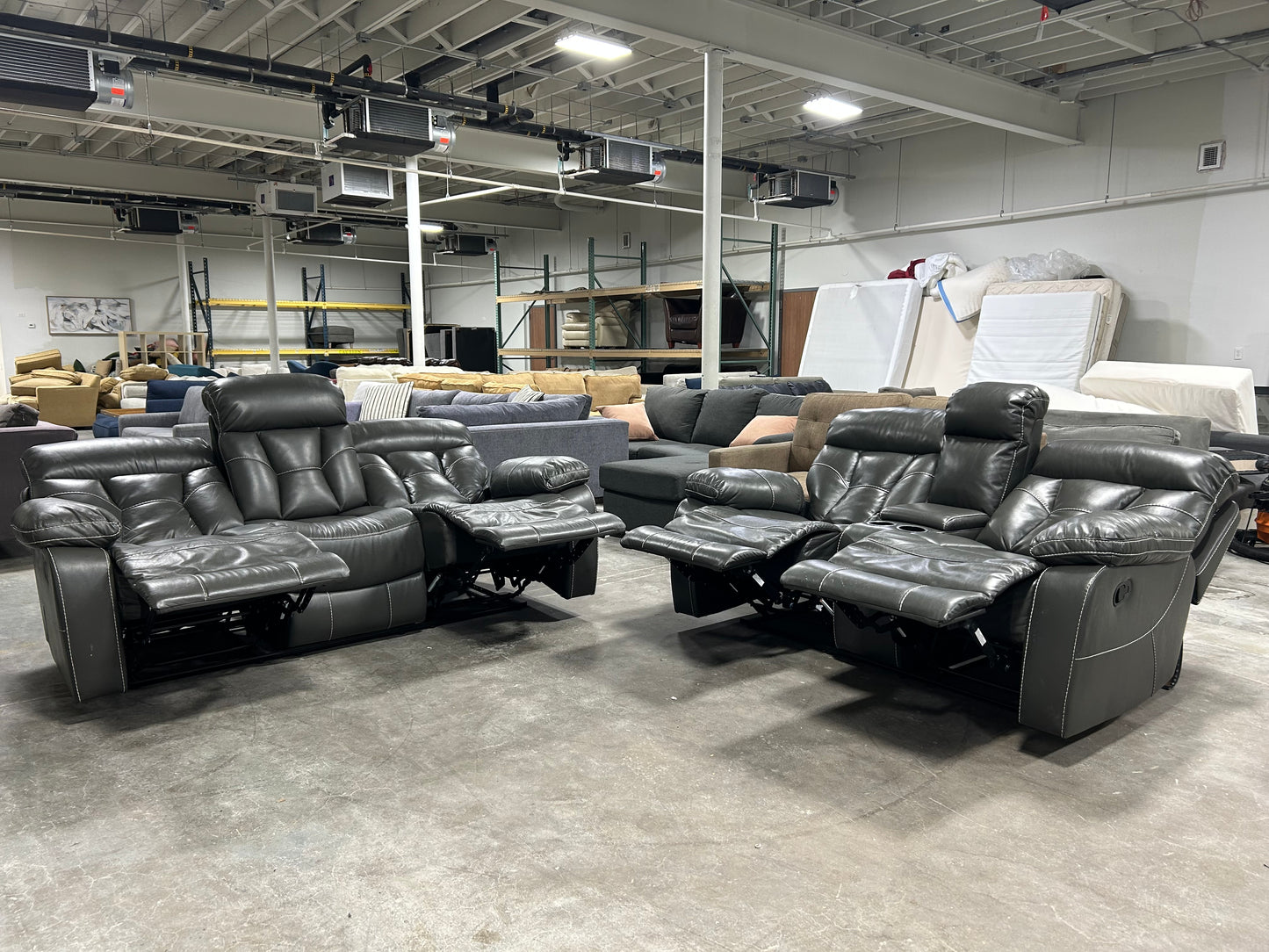 Contemporary Gray Leather Recliner Sofa & Loveseat Set