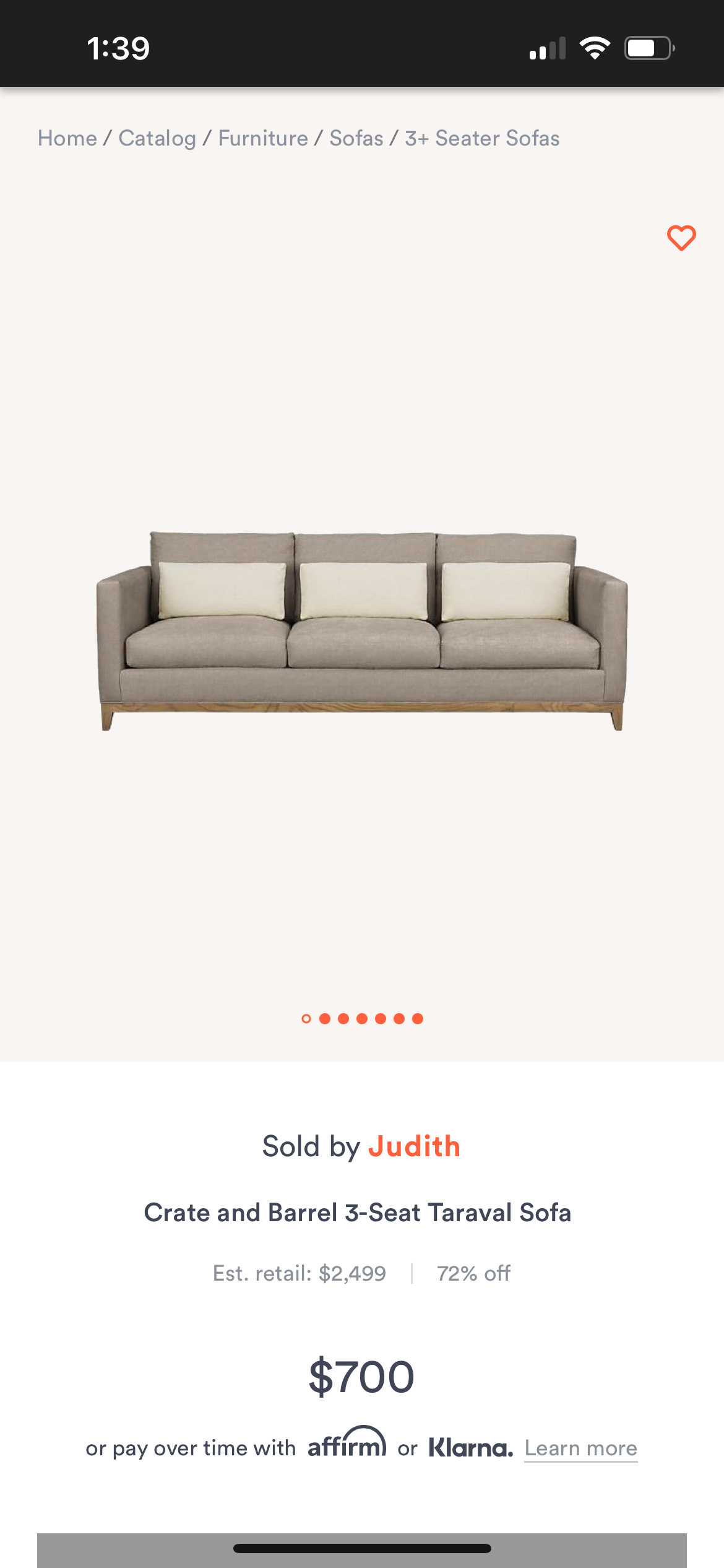 Crate & Barrel Sky Grey 96” Taraval Sofa