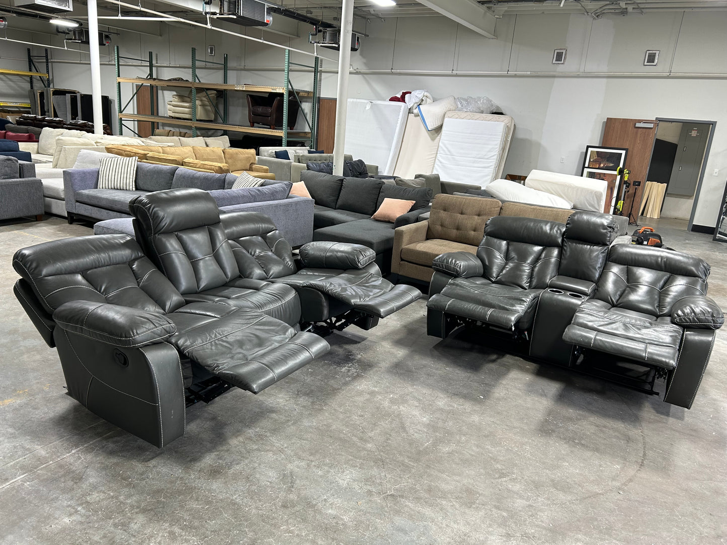 Contemporary Gray Leather Recliner Sofa & Loveseat Set