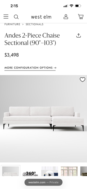 West Elm Andes 2-Piece Chaise Sectional (White Sunbrella)