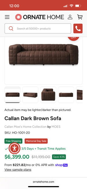 *Brand-New* Moe’s Home Callan Leather Dark Brown Sofa