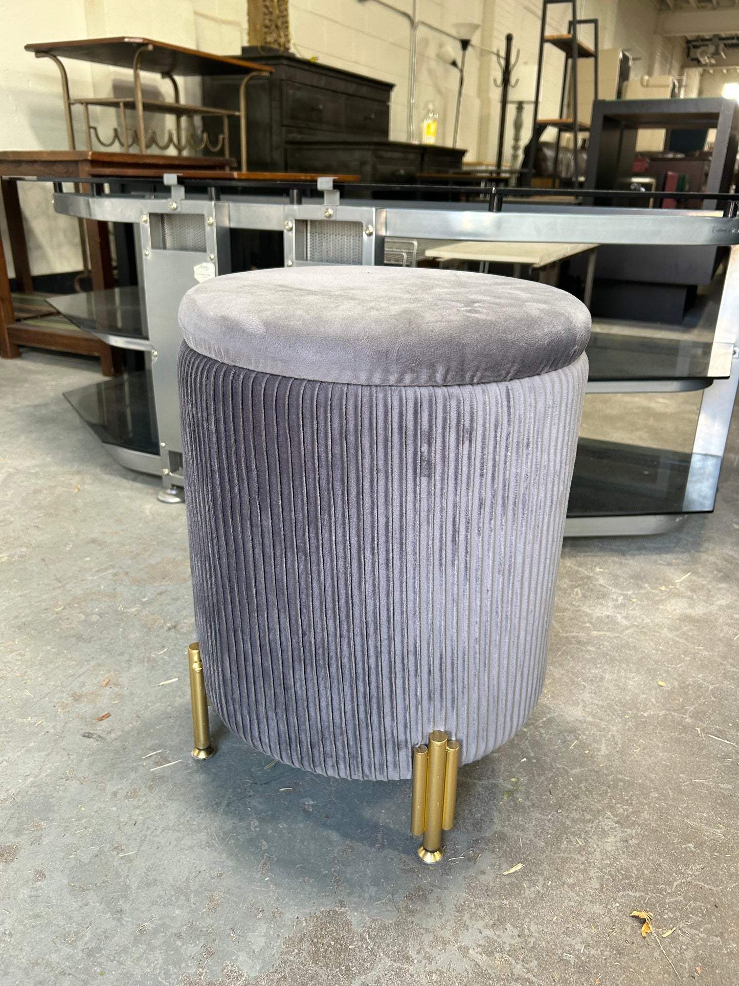 Gray Velvet MCM Storage Footstool