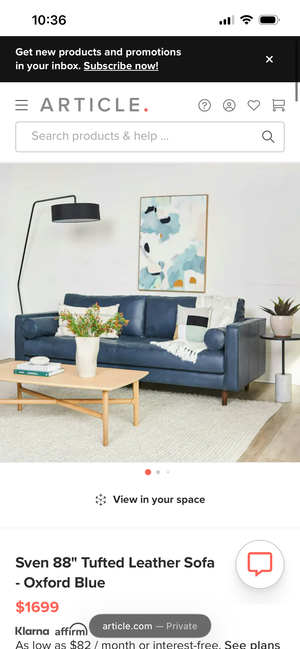 Article Sven 88” Tufted Leather Sofa (Oxford Blue)