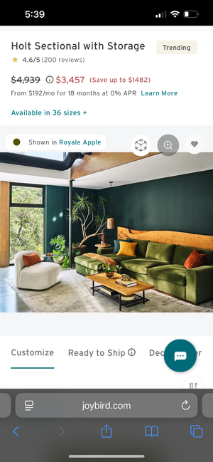 BRAND-NEW Joybird Holt Sectional w/Storage Chaise (Royale Forest)