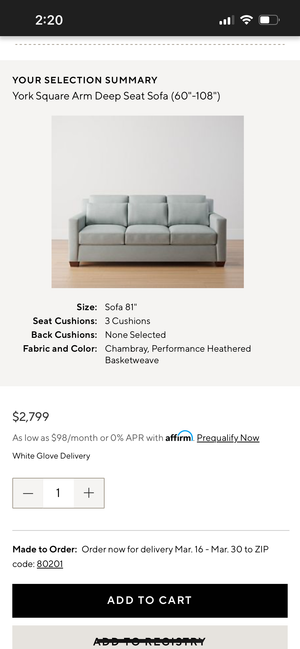 Pottery Barn 81” Light Gray York Square Arm Sofa