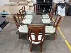 9-Pc Glass Dining Table & Maple Wood Chair Set