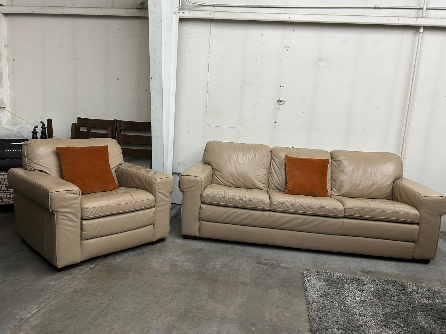 Beige Leather Pottery Barn Couch And Chair Set