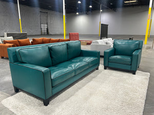 Abbyson Teal Leather Sofa & Chair Set
