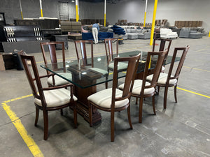 9-Pc Glass Dining Table & Maple Wood Chair Set