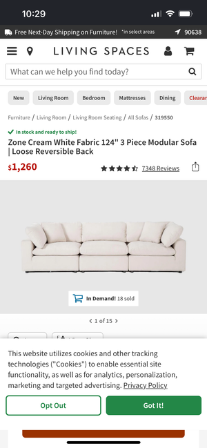 Living Spaces 3-Pc Zone Modular Cloud Sofa (Cream)
