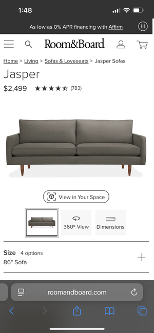 Room & Board Ultrasuede Jasper Sofa (Tatum Graphite)