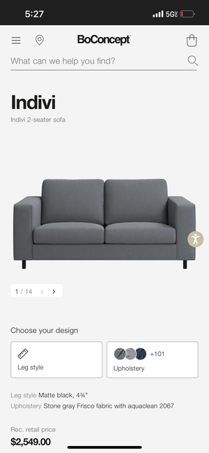 BoConcept Indivi 2-Seat Danish Sofa (Stone Gray)