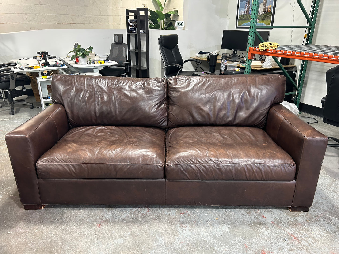 Crate & Barrel 88” Dark Brown Leather Axis Sofa