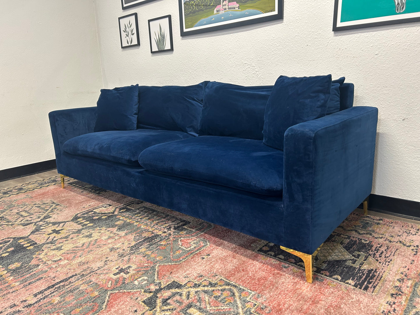 Dark Blue Velvet MCM Sofa