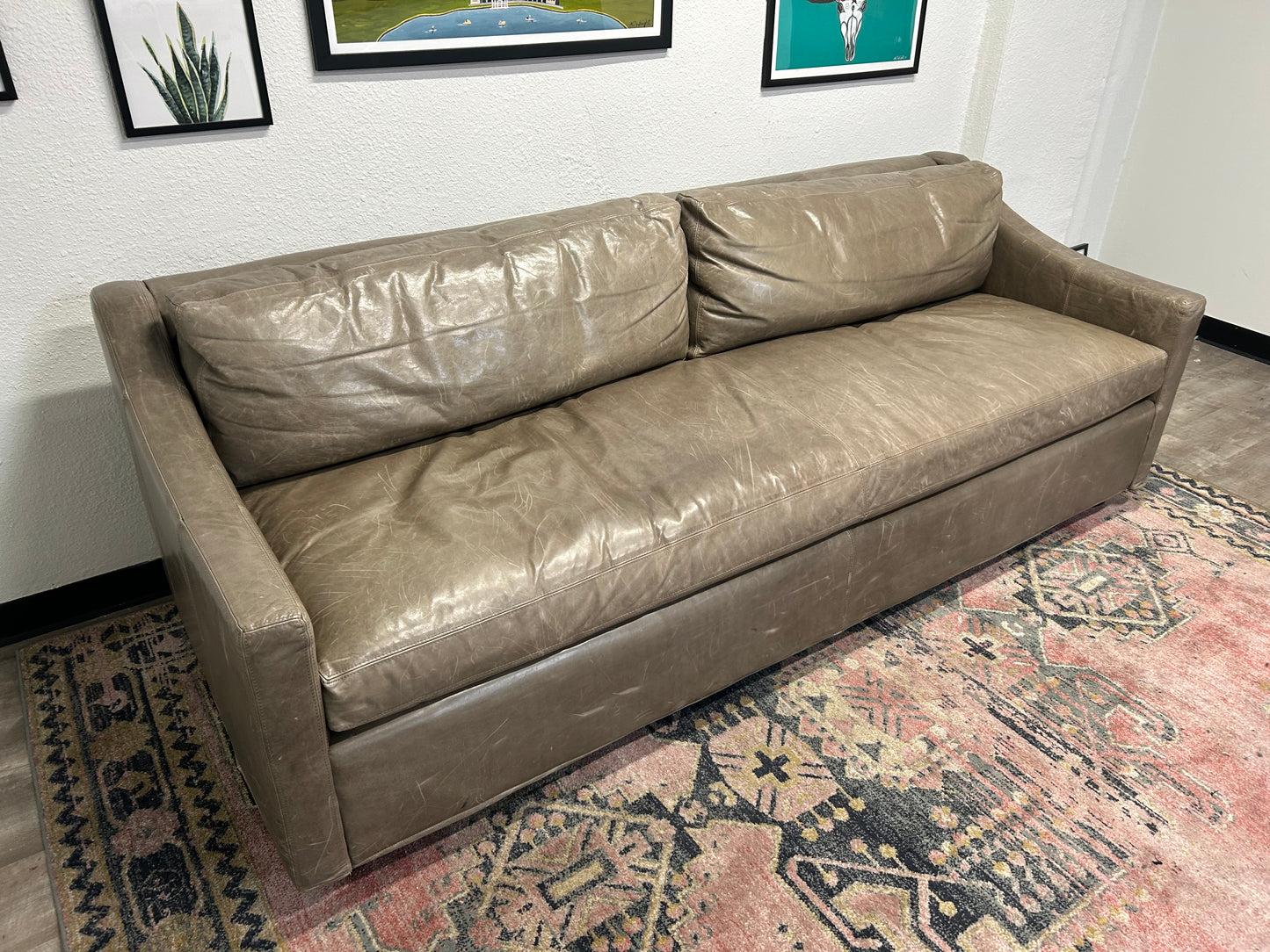 Restoration Hardware Gray Leather Belgian Track Arm Sofa