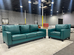Abbyson Teal Leather Sofa & Chair Set