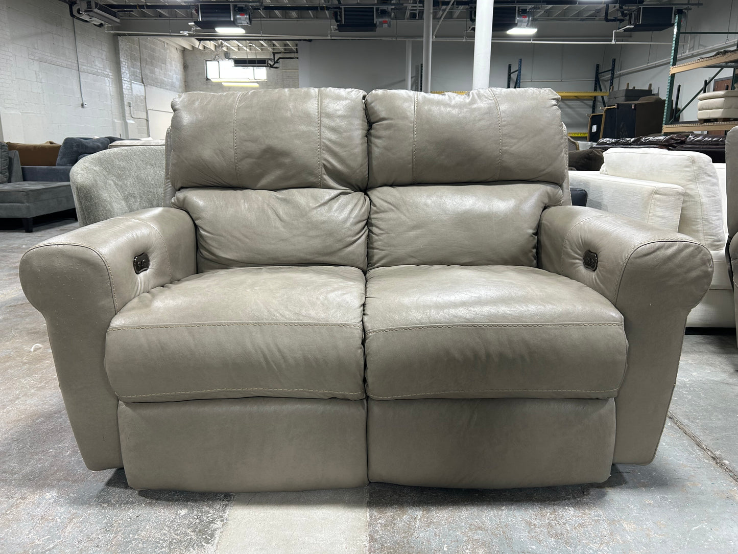 Light Gray Leather Power Recliner Loveseat