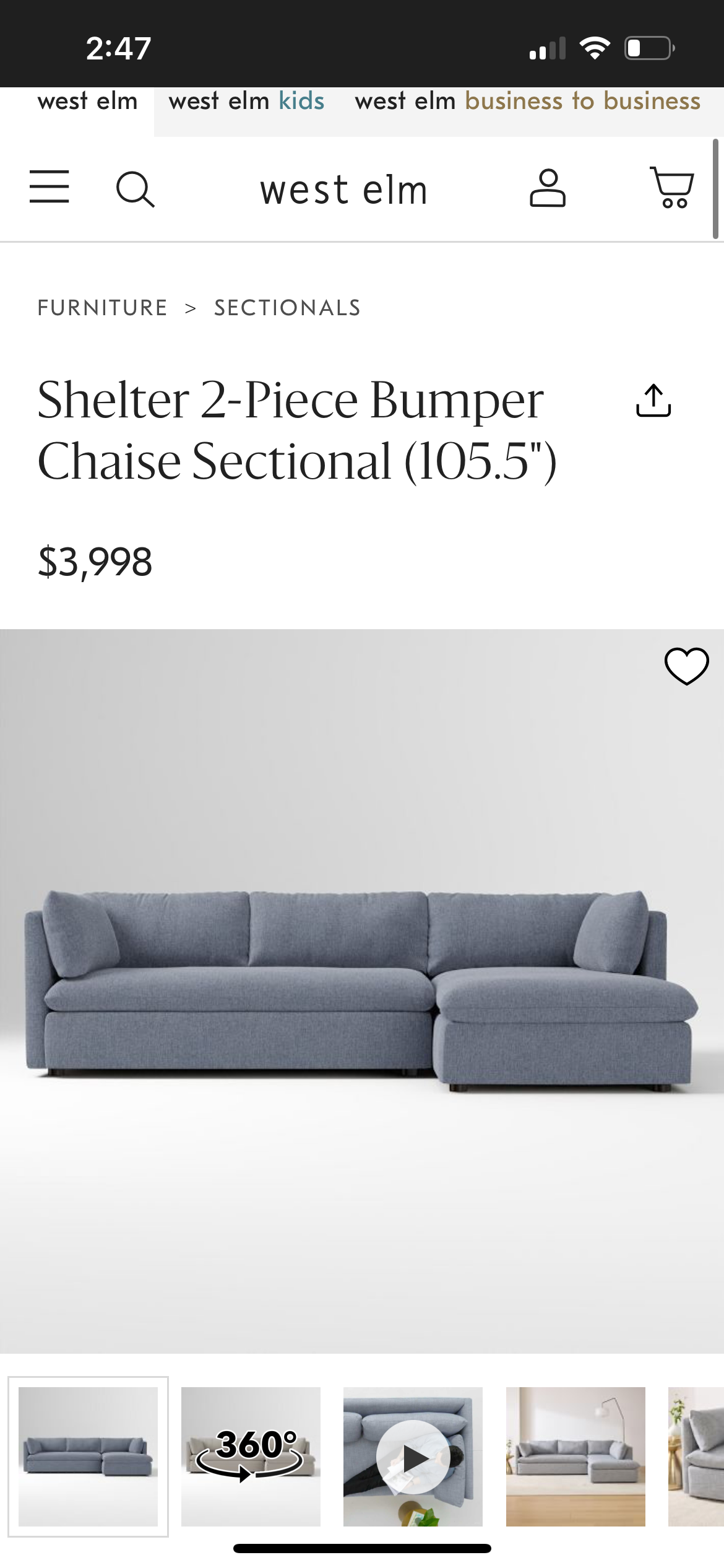 West Elm Shelter 2-Piece Bumper Chaise Sectional