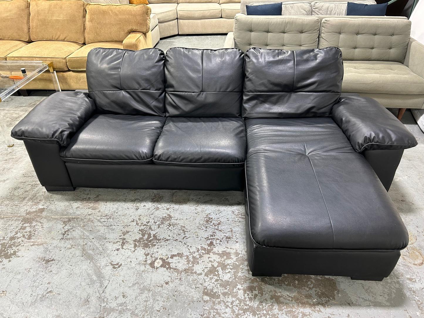 Contemporary Black Leather Chaise Sectional