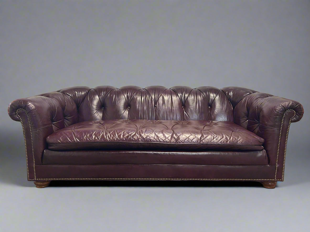 CUSTOM-MADE Vintage 1989 Aubergine Leather MCM Chesterfield Sofa