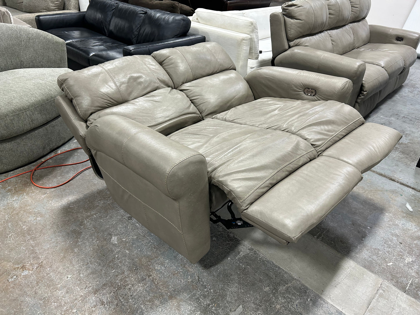 Light Gray Leather Power Recliner Loveseat