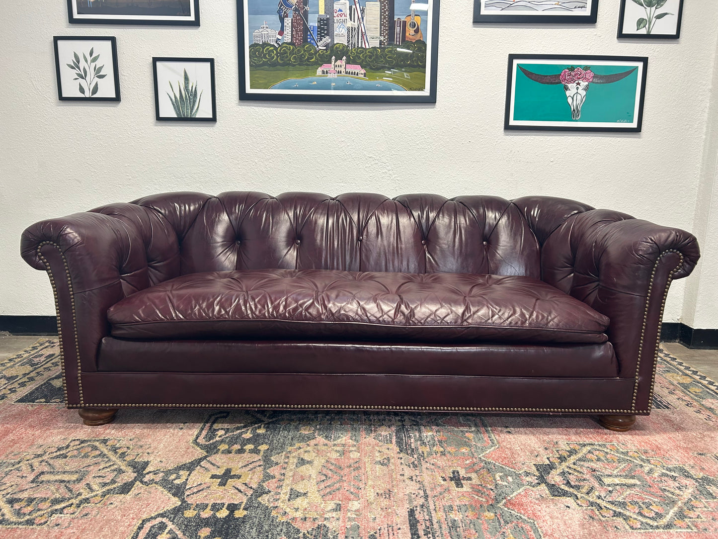 CUSTOM-MADE Vintage 1989 Aubergine Leather MCM Chesterfield Sofa