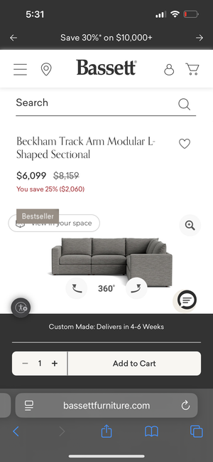 Bassett Beckham Track Arm Modular L-Shaped Sectional (Pewter)