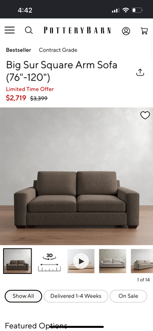 Pottery Barn Big Sur Square Arm Sofa (Charcoal)
