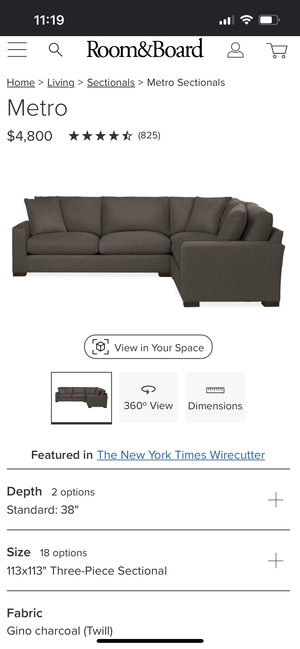 Room & Board 3-Pc Metro L-Shaped Sectional