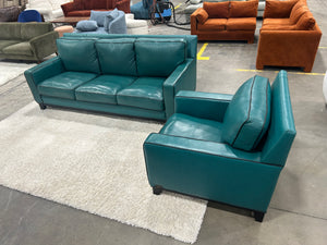 Abbyson Teal Leather Sofa & Chair Set