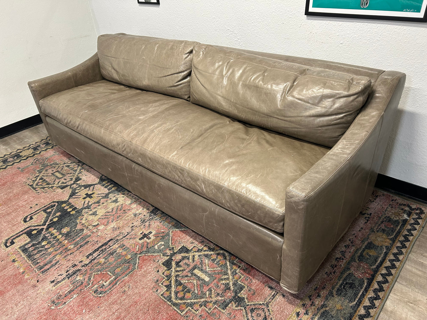 Restoration Hardware Gray Leather Belgian Track Arm Sofa