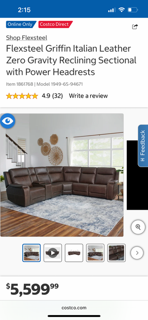 Flexsteel Griffin Italian Leather Zero Gravity Reclining Sectional