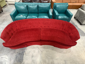 1970's Red Velvet Curved MCM Sofa