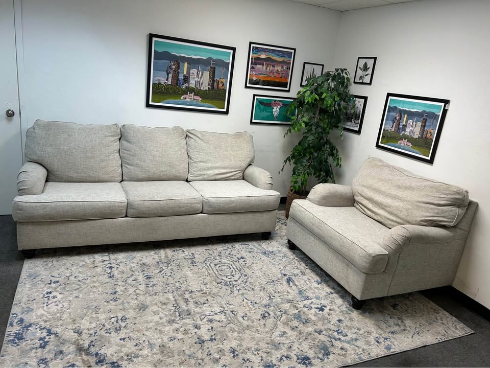 ELEGANT Off-White Roll Arm Sofa And Chair  2-Pc Set