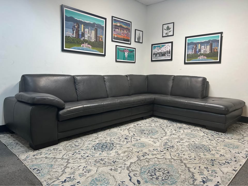 Slate Gray Leather Scandinavian Designs Chaise Sectional