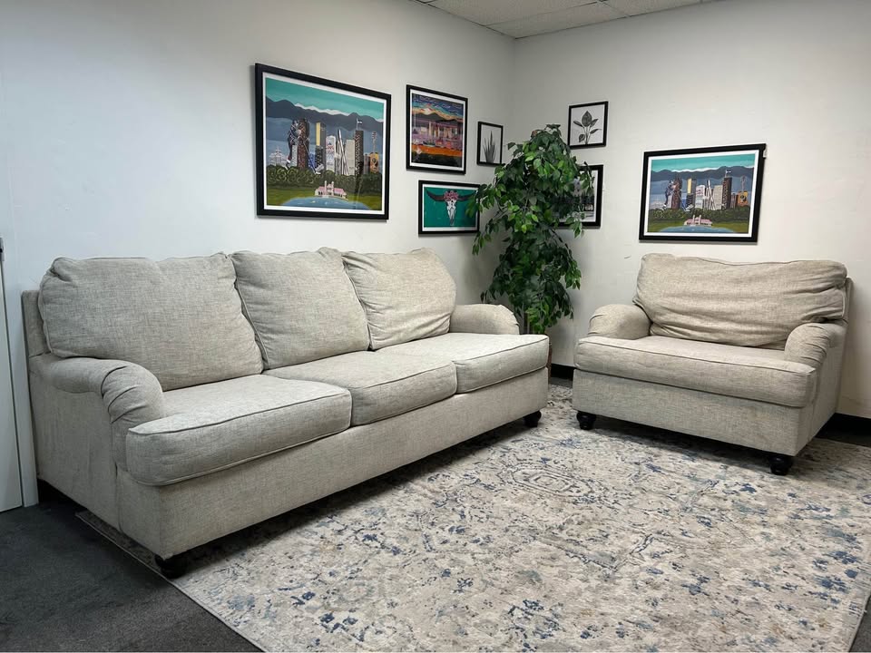 ELEGANT Off-White Roll Arm Sofa And Chair  2-Pc Set