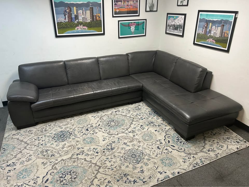Slate Gray Leather Scandinavian Designs Chaise Sectional