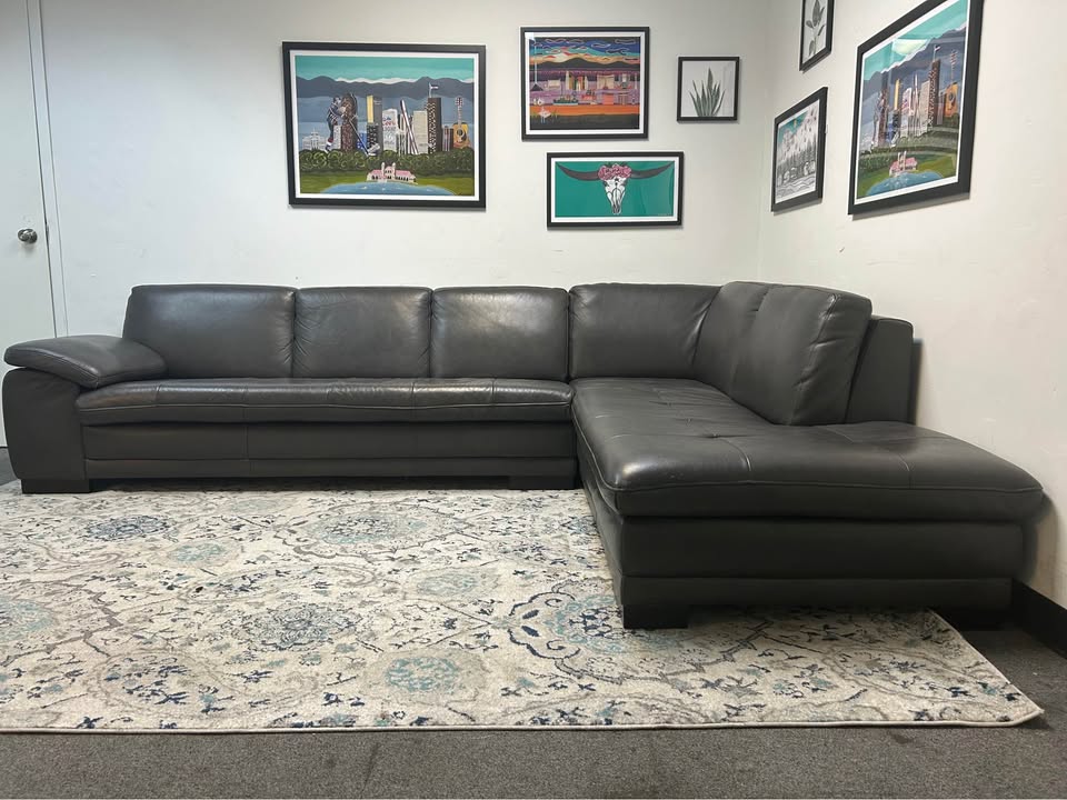 Slate Gray Leather Scandinavian Designs Chaise Sectional
