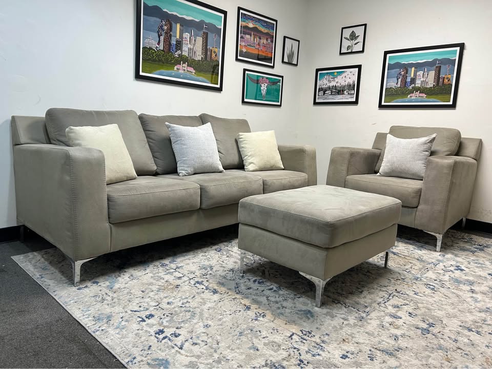 3-Pc Modern Light Gray Sofa And Chair Set With Ottoman