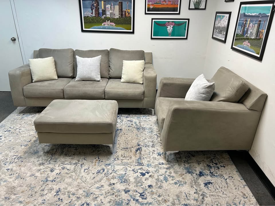 3-Pc Modern Light Gray Sofa And Chair Set With Ottoman