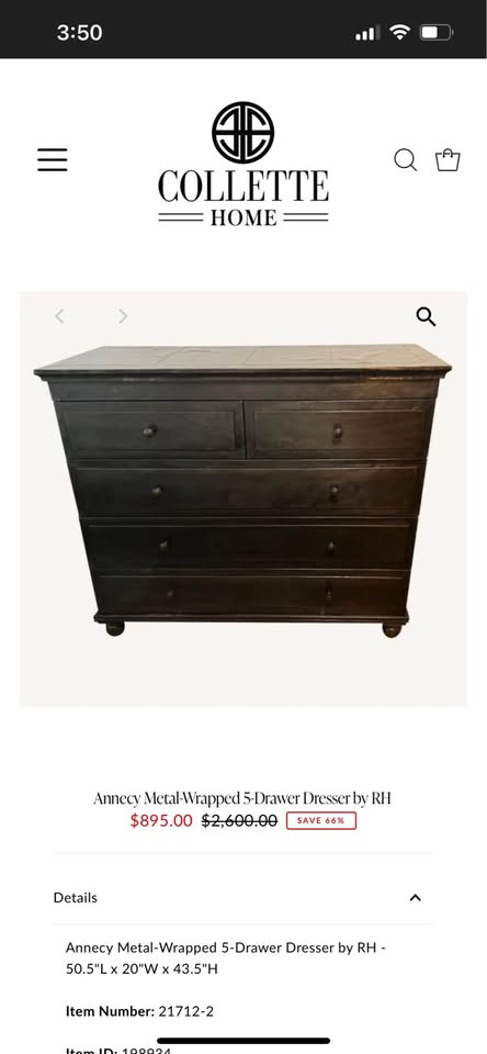 Restoration Hardware Annecy Metal Wrapped 5-Drawer Dresser